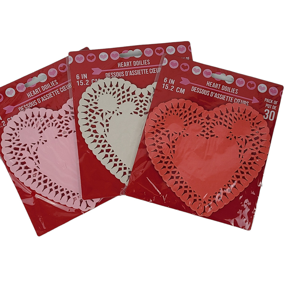 Three packs 6" paper heart Valentine doilies assorted white pink red lot